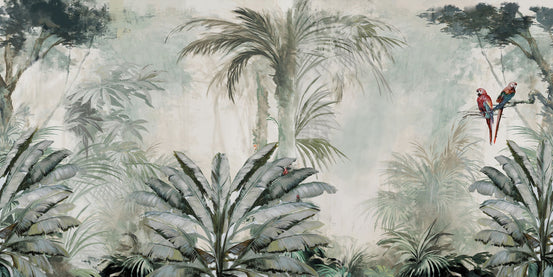 Tropical Jungle Parrots wallpaper mural shown as a full feature wall that highlights the design
