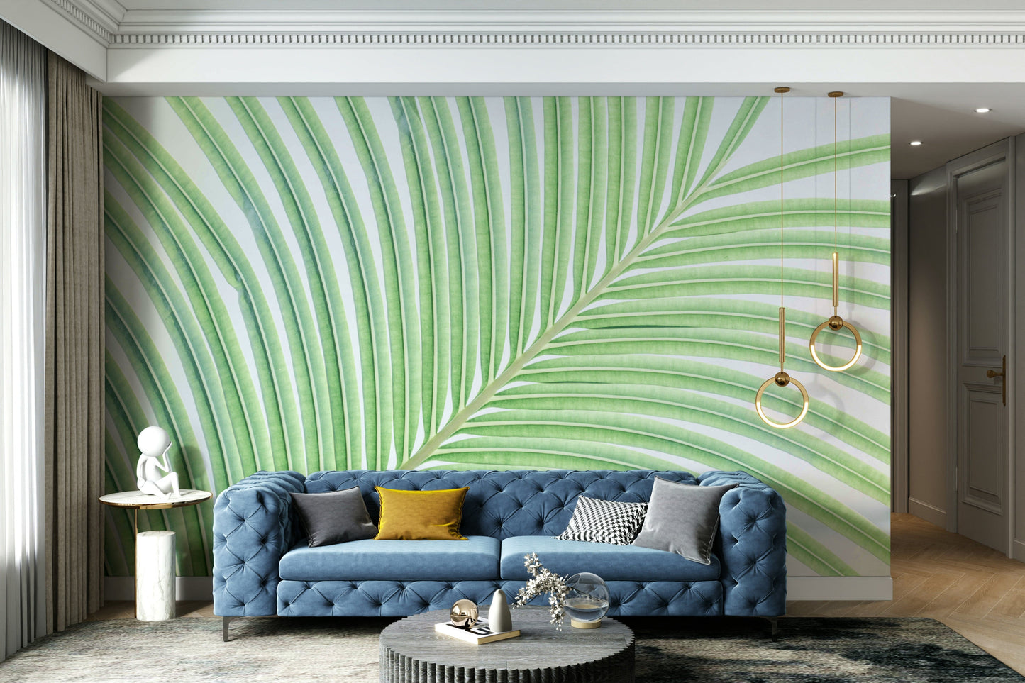 A bedroom with the botanical mural behind the headboard.

