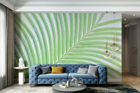 A bedroom with the botanical mural behind the headboard.

