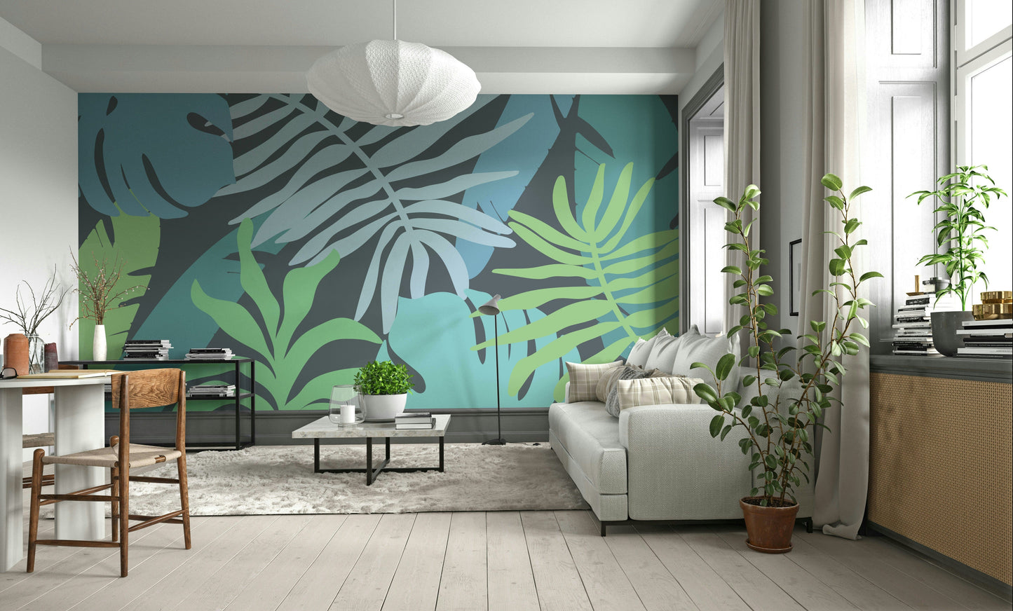 A calming tropical design wallpaper mural that defines a space.


