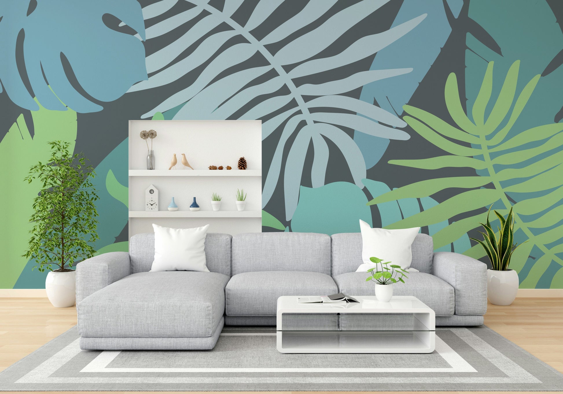 A graceful subtle leaf wall mural in cool, natural tones.


