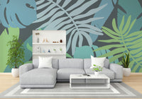 A graceful subtle leaf wall mural in cool, natural tones.

