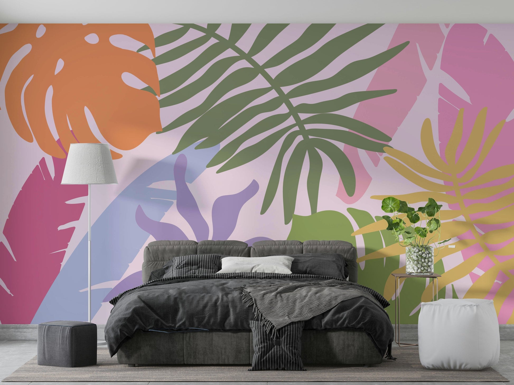 A calming foliage design wallpaper mural that defines a space.


