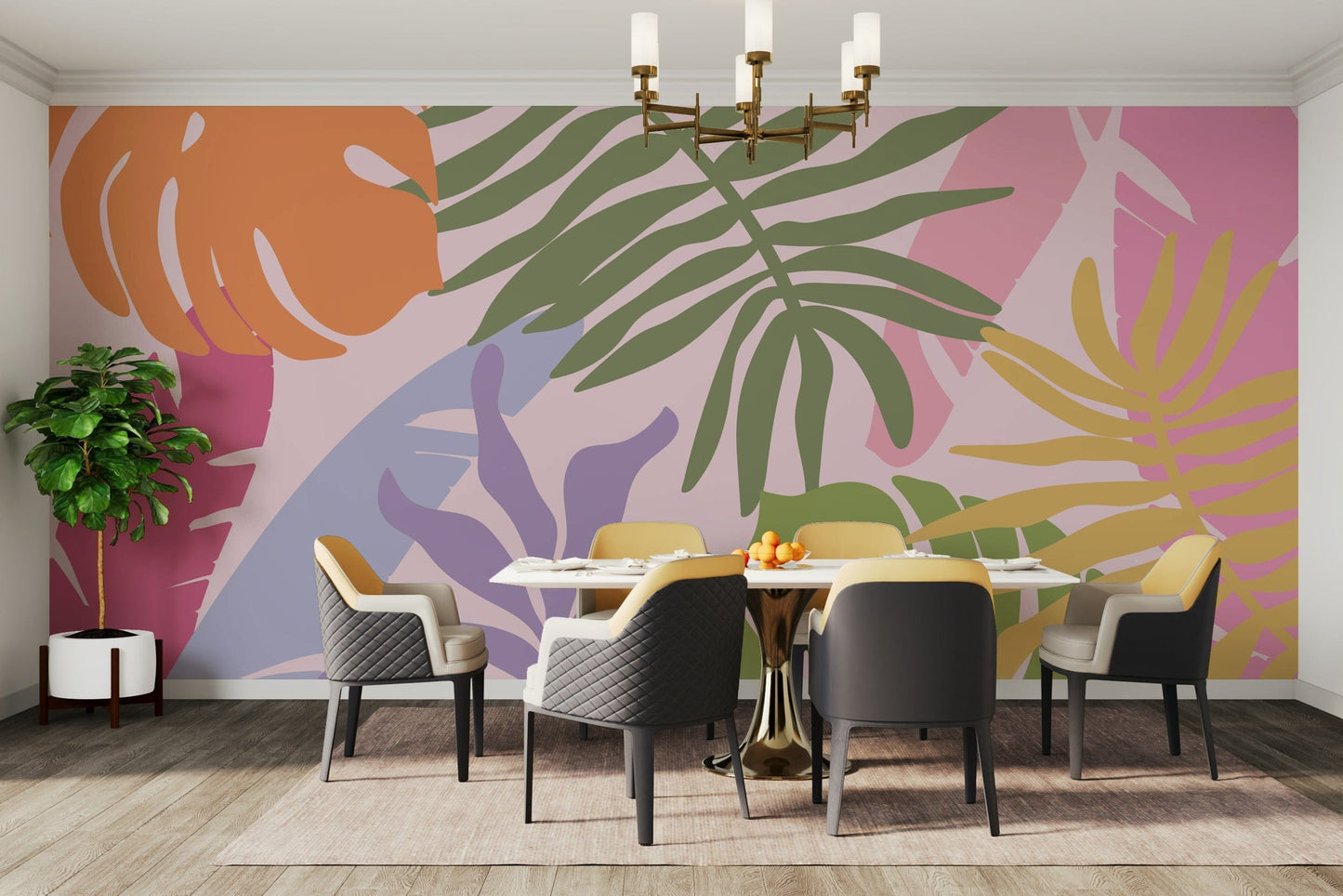 A beautiful wide-angle wall mural of tropical plants.

