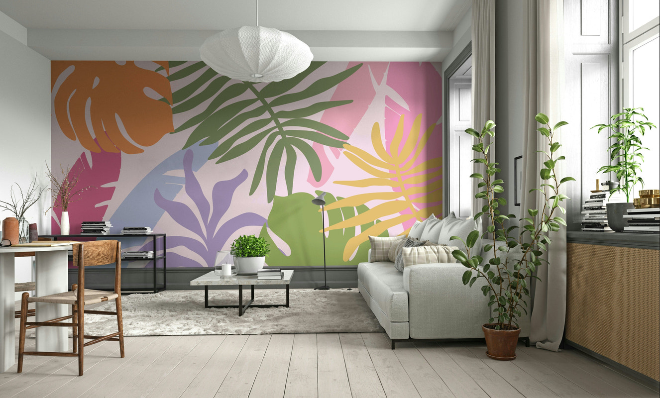 A beautiful tropical foliage wallpaper mural with vibrant colors.

