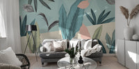 Minimalist tropical wall mural with leaves
