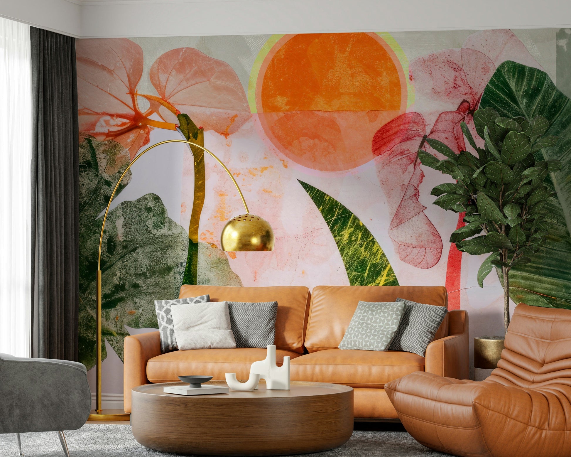 A peaceful botanical garden mural on decorative wallpaper.

