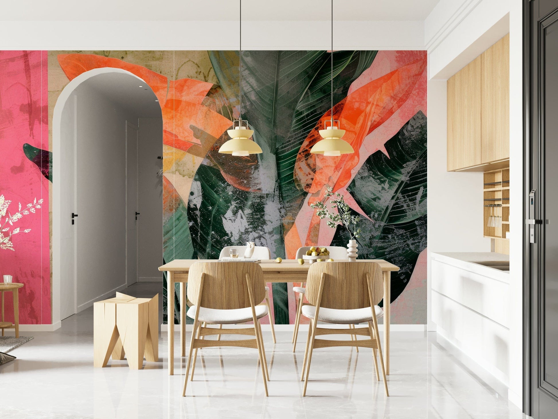A peaceful tropical pattern mural on decorative wallpaper.

