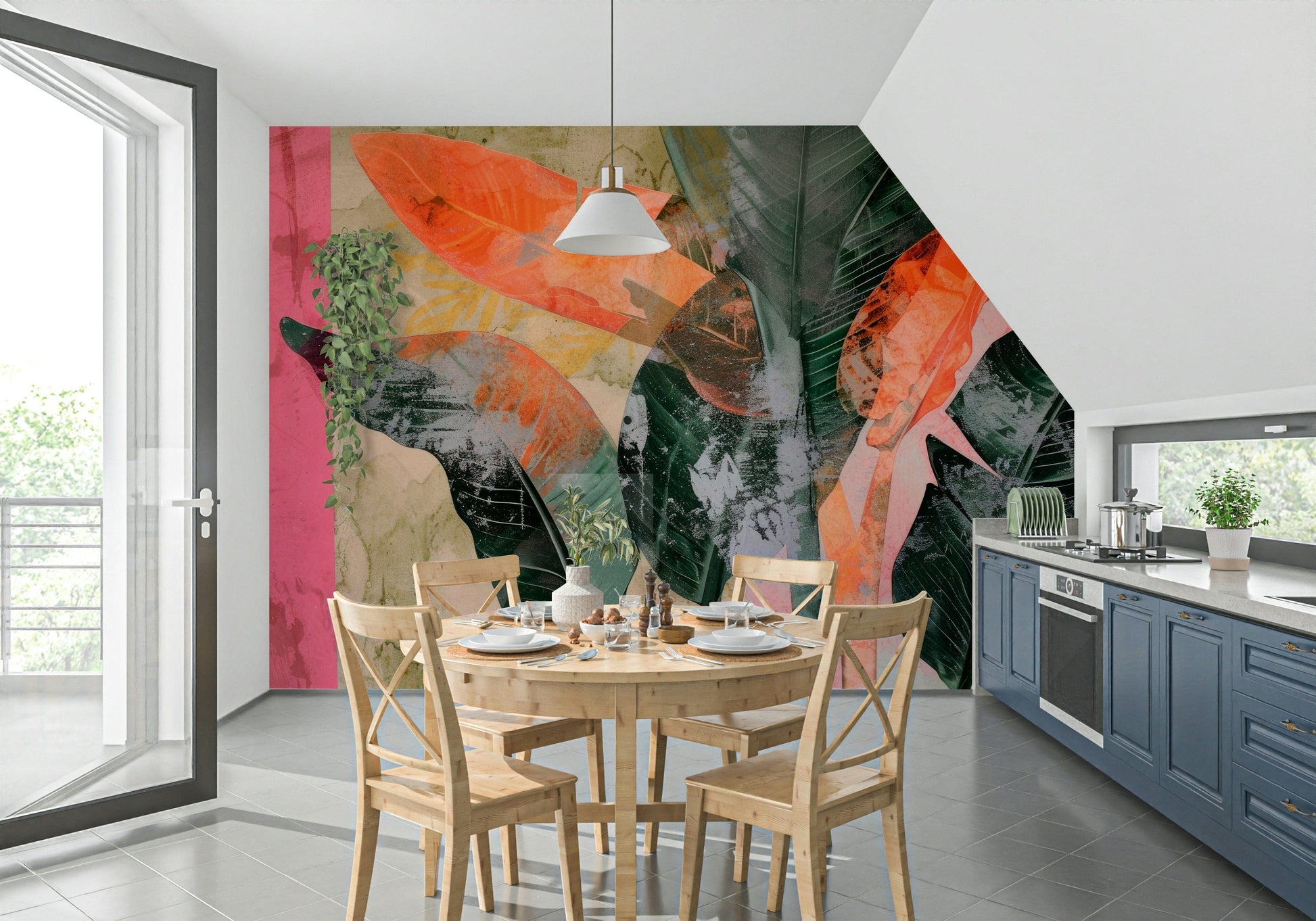 A beautiful lush foliage wallpaper mural with tropical leaves.

