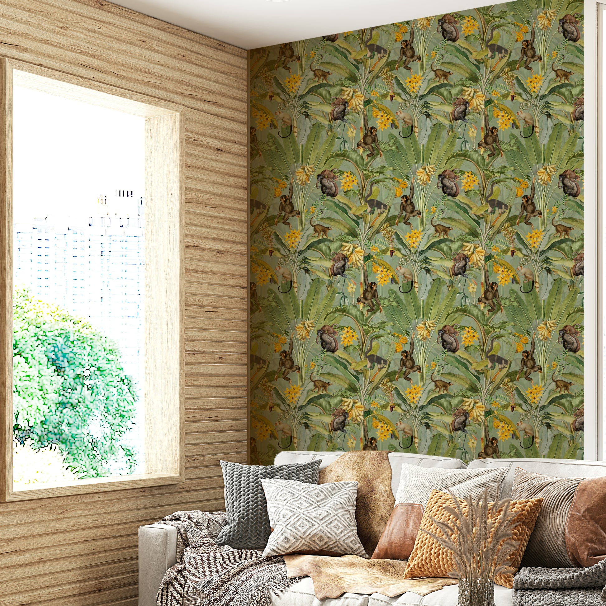 Fun, jungle-themed mural with monkeys and vibrant tropical flowers.

