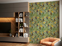 Playful wallpaper design with monkeys and bright tropical elements.

