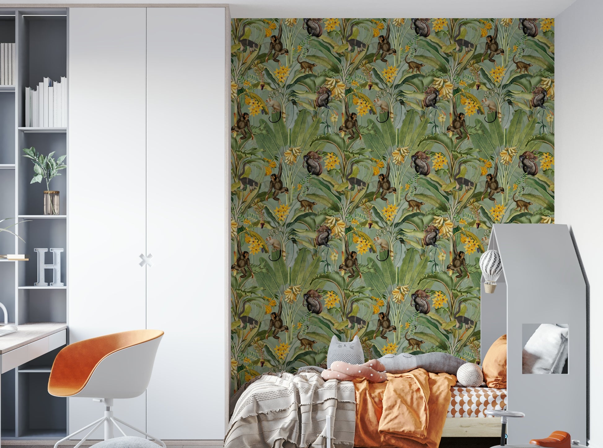 Tropical wallpaper with lively monkeys and bold tropical blooms.

