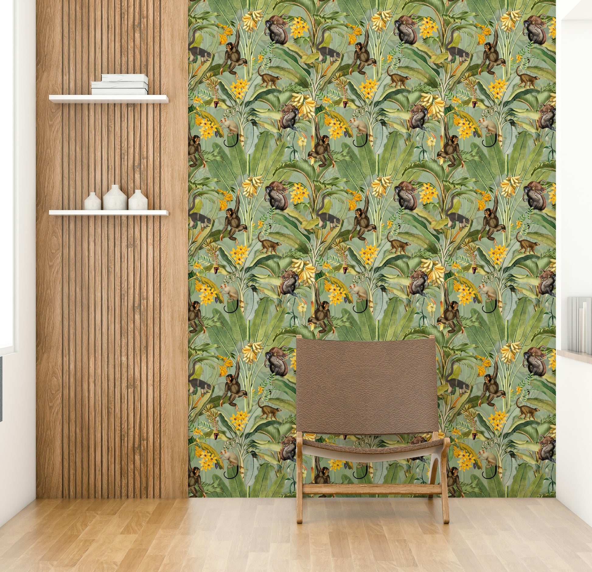 Wallpaper with monkeys interacting with colorful flowers and leaves.


