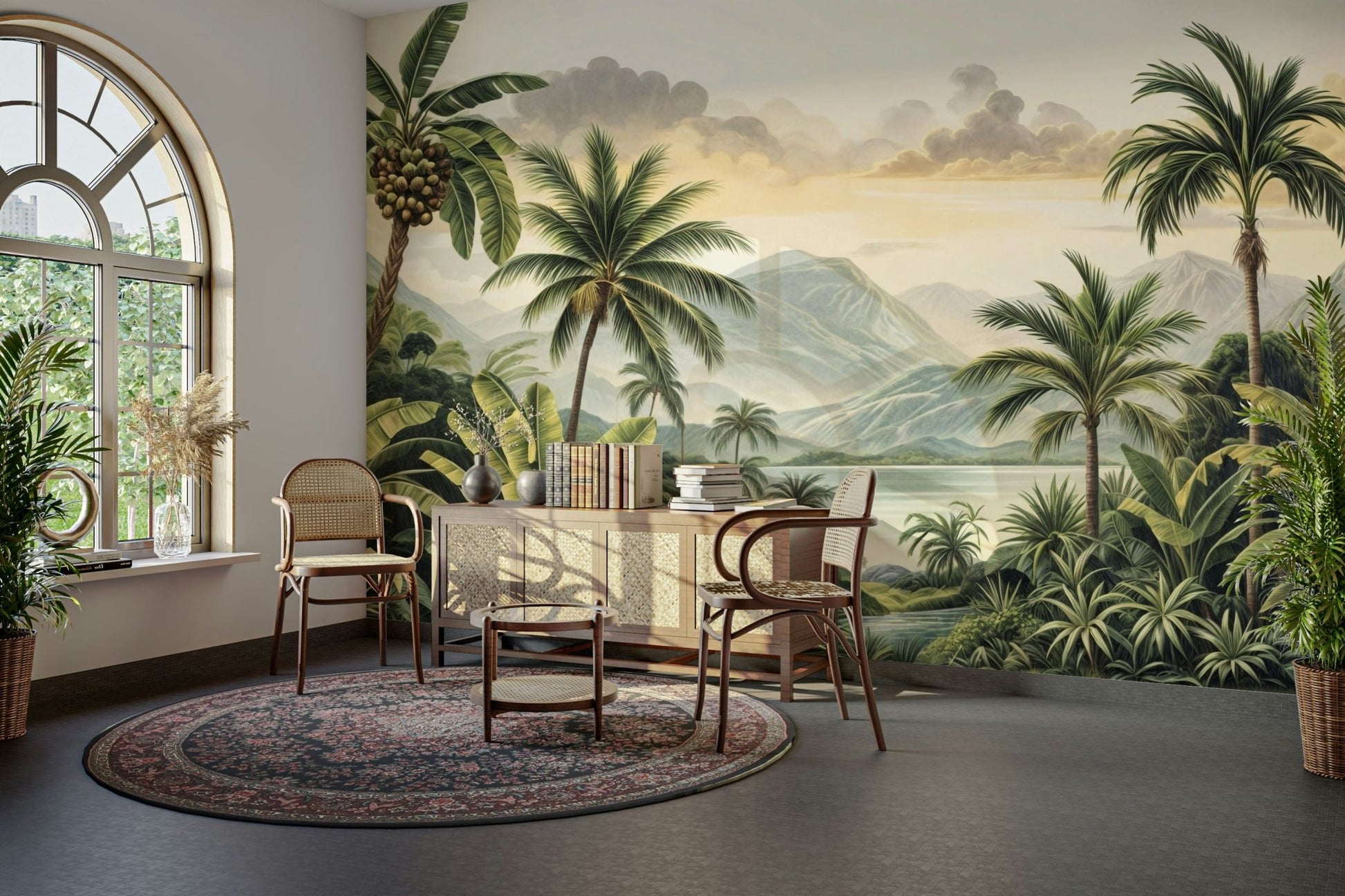 The colors are soft, muted tones of green, beige, and pink.

