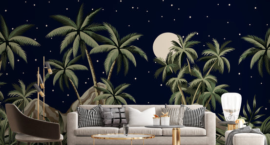 Tropical Night Sky wallpaper mural shown as a full feature wall that highlights the design