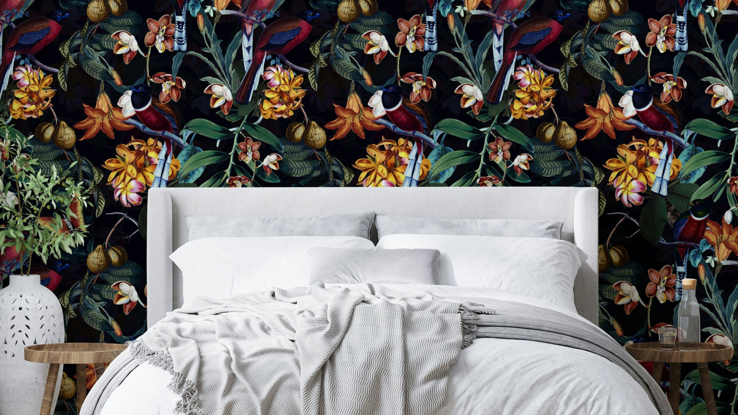 Dark tropical wallpaper bringing a serene, exotic atmosphere indoors

