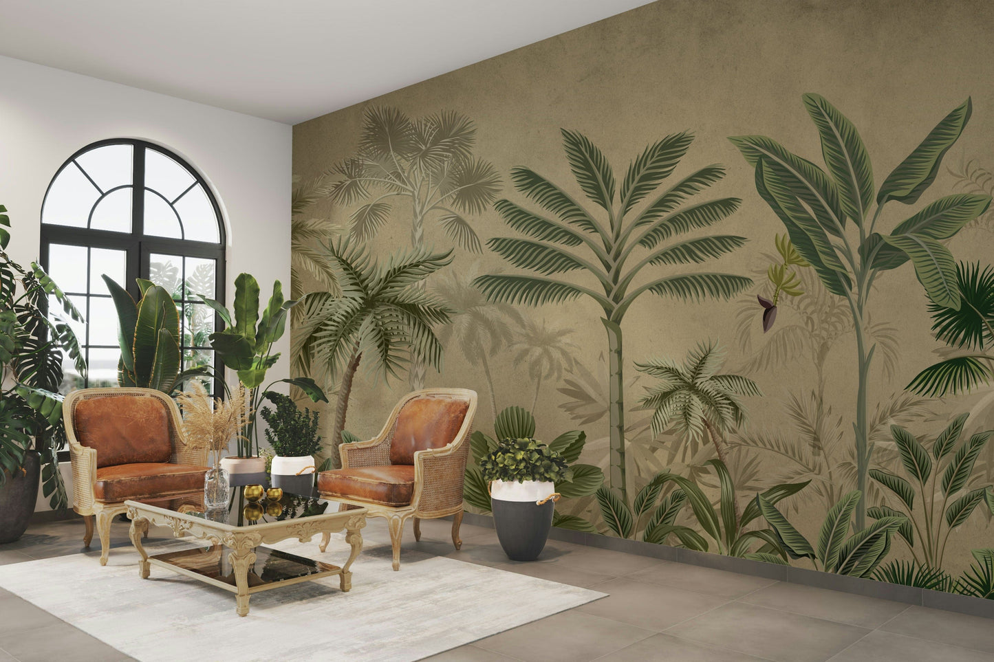 The design features a repeating pattern of soft, graceful palm leaves.

