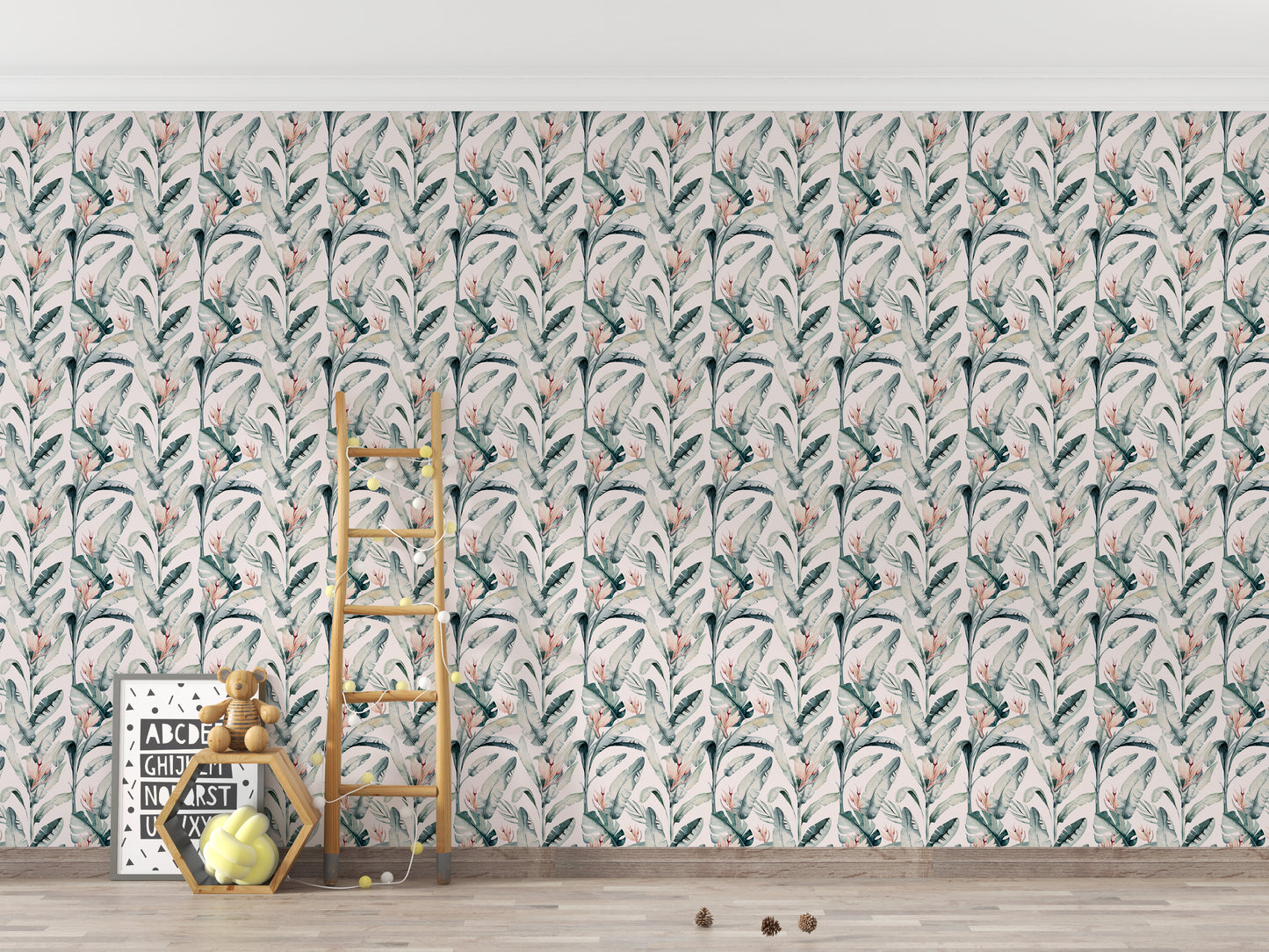 Tropical white palm repeat mural style
