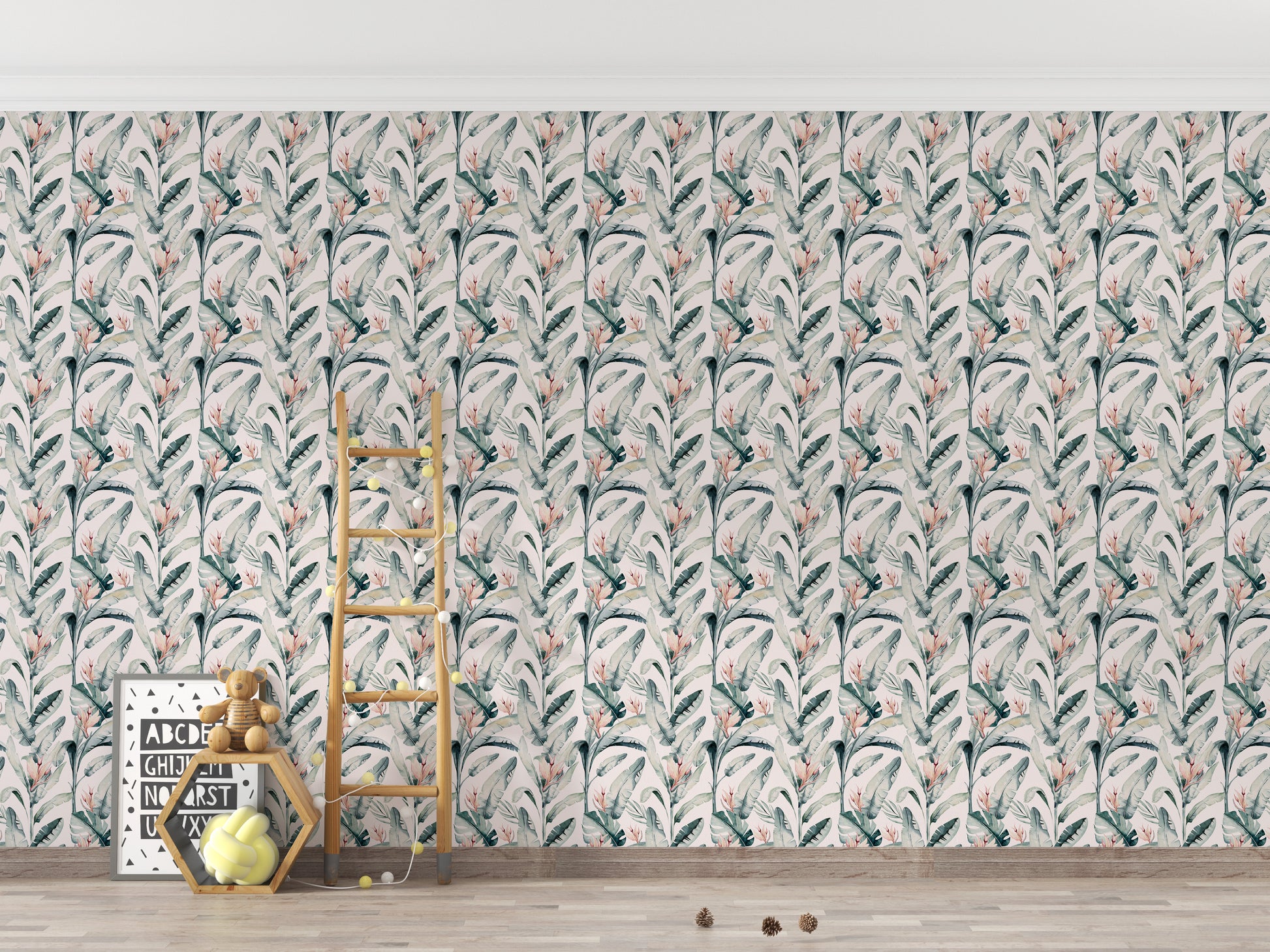 Tropical white palm repeat mural style