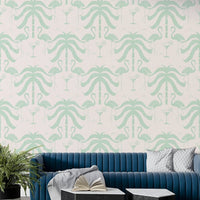 The image shows a peaceful, natural scene with palm trees and flamingos.

