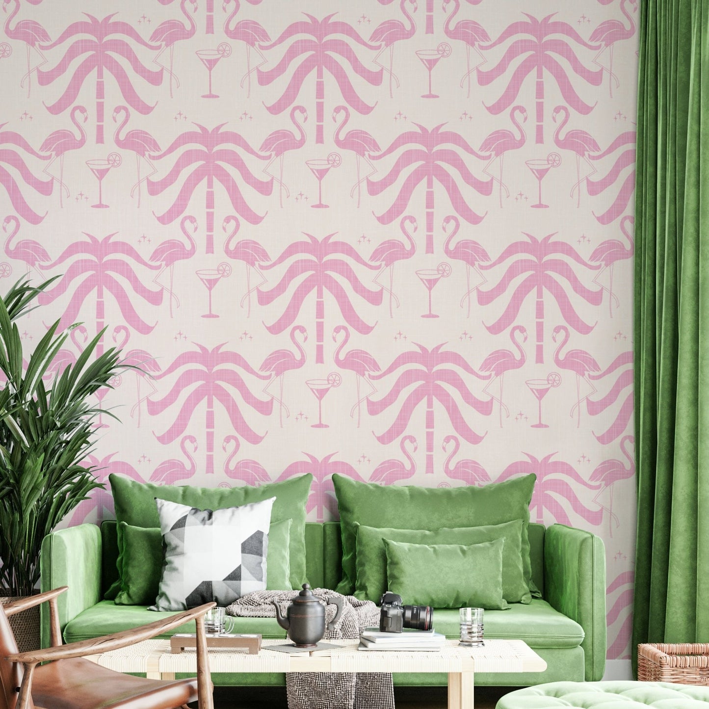 The palm trees and flamingos are a central focus of the image.

