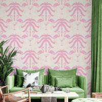 The palm trees and flamingos are a central focus of the image.

