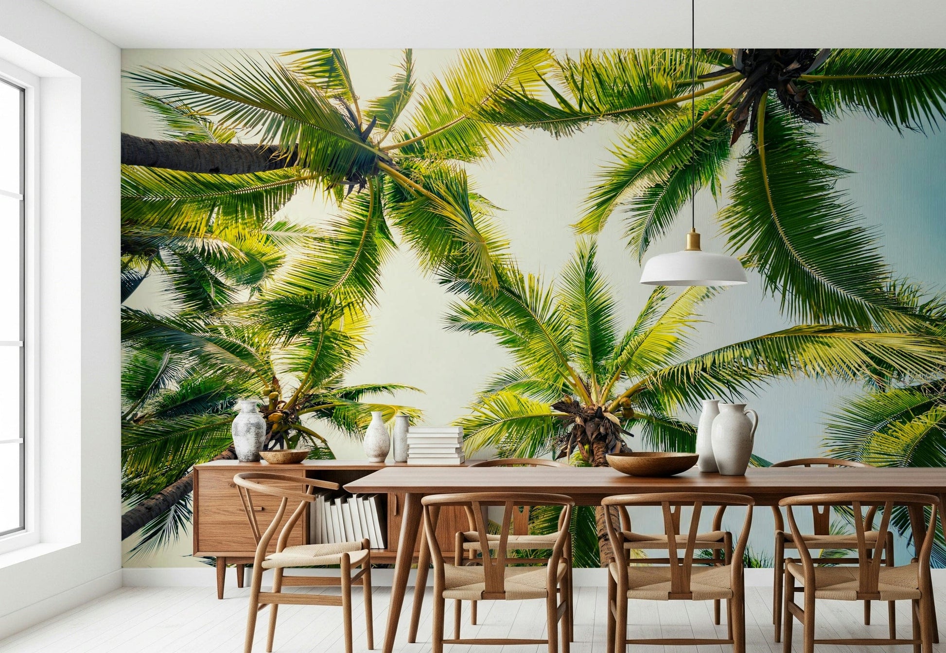 Coconut tree tops, sunny weather image, Island Breeze wall covering.
