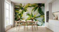 Island Breeze wall mural, vibrant coconut palms, green tropic leaves.