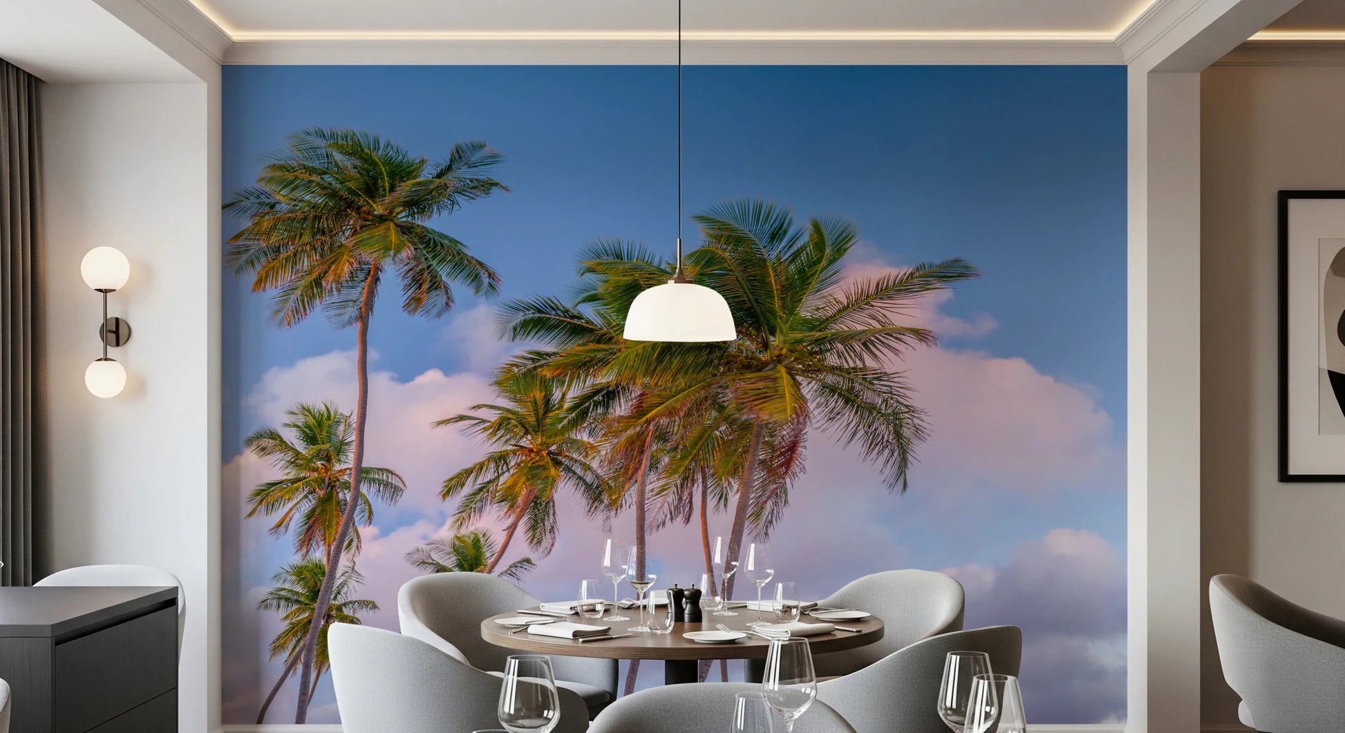 Blue sky and tall palms wallpaper for bright dining area wall decor