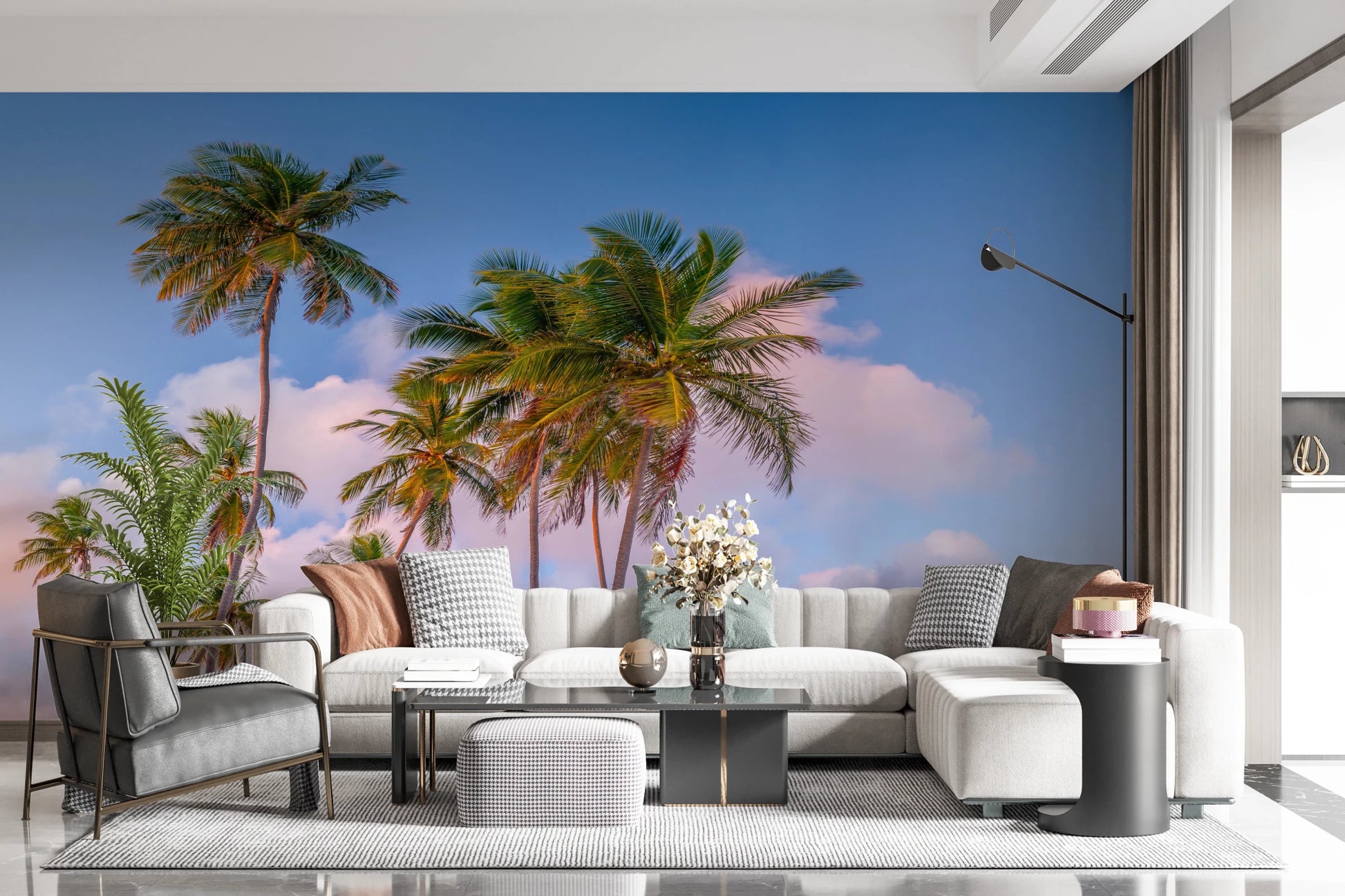 Palm tree sunset sky wallpaper used for relaxed coastal style living room
