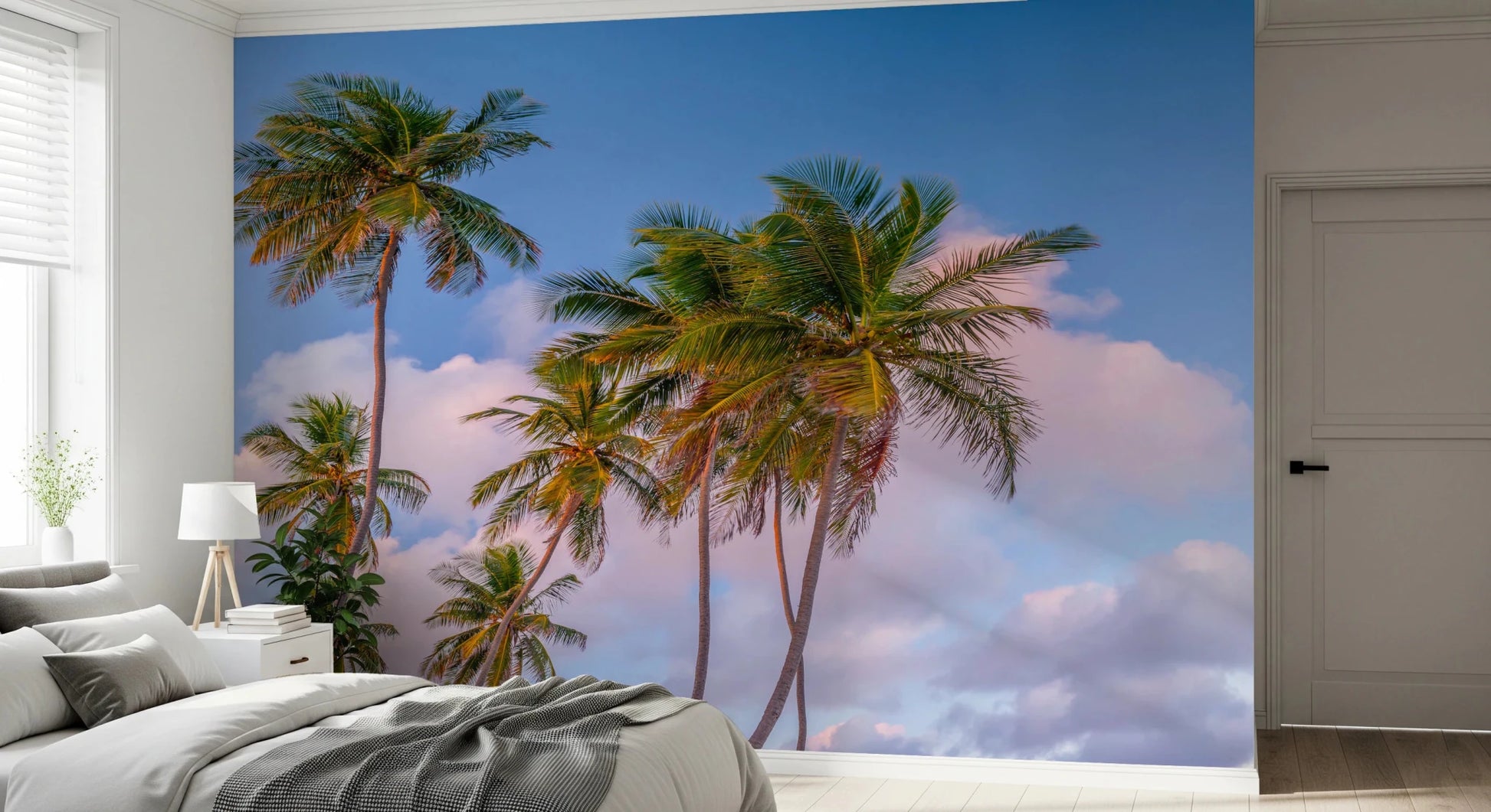 Island palm scene wallpaper for peaceful bedroom wall setting
