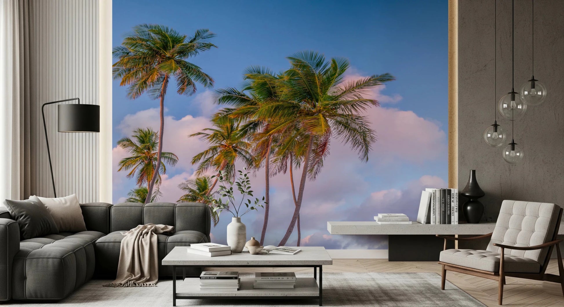 Tall tropical trees against evening sky wall mural for lounge wall