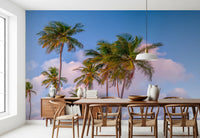 Tropical Palms Evening Wall Mural with tall green trees for dining room.