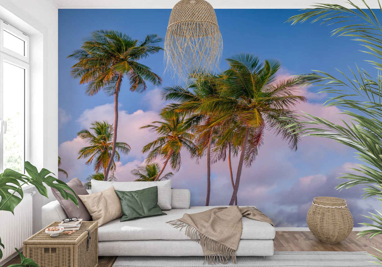 Soft evening sky palm trees wallpaper for calm hallway interior wall