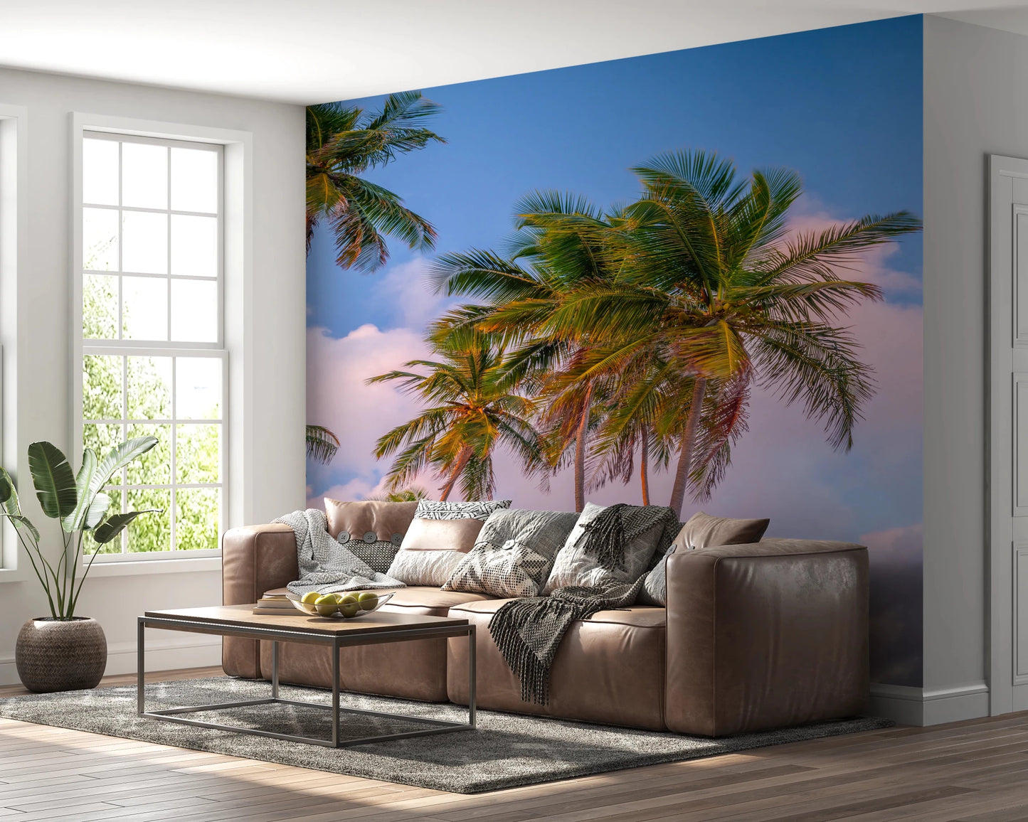 Tropical Palms Evening Wall Mural in stylish apartment living space