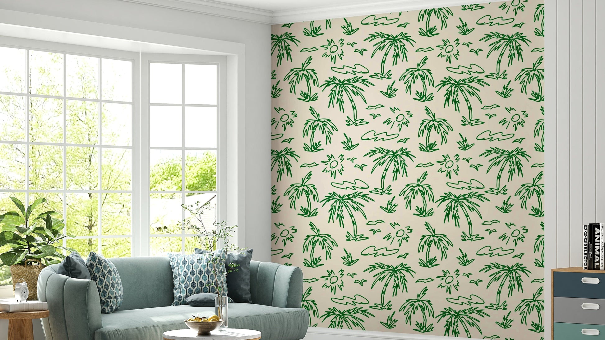 Playful lime green island wallpaper with sun and clouds.
