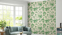 Playful lime green island wallpaper with sun and clouds.
