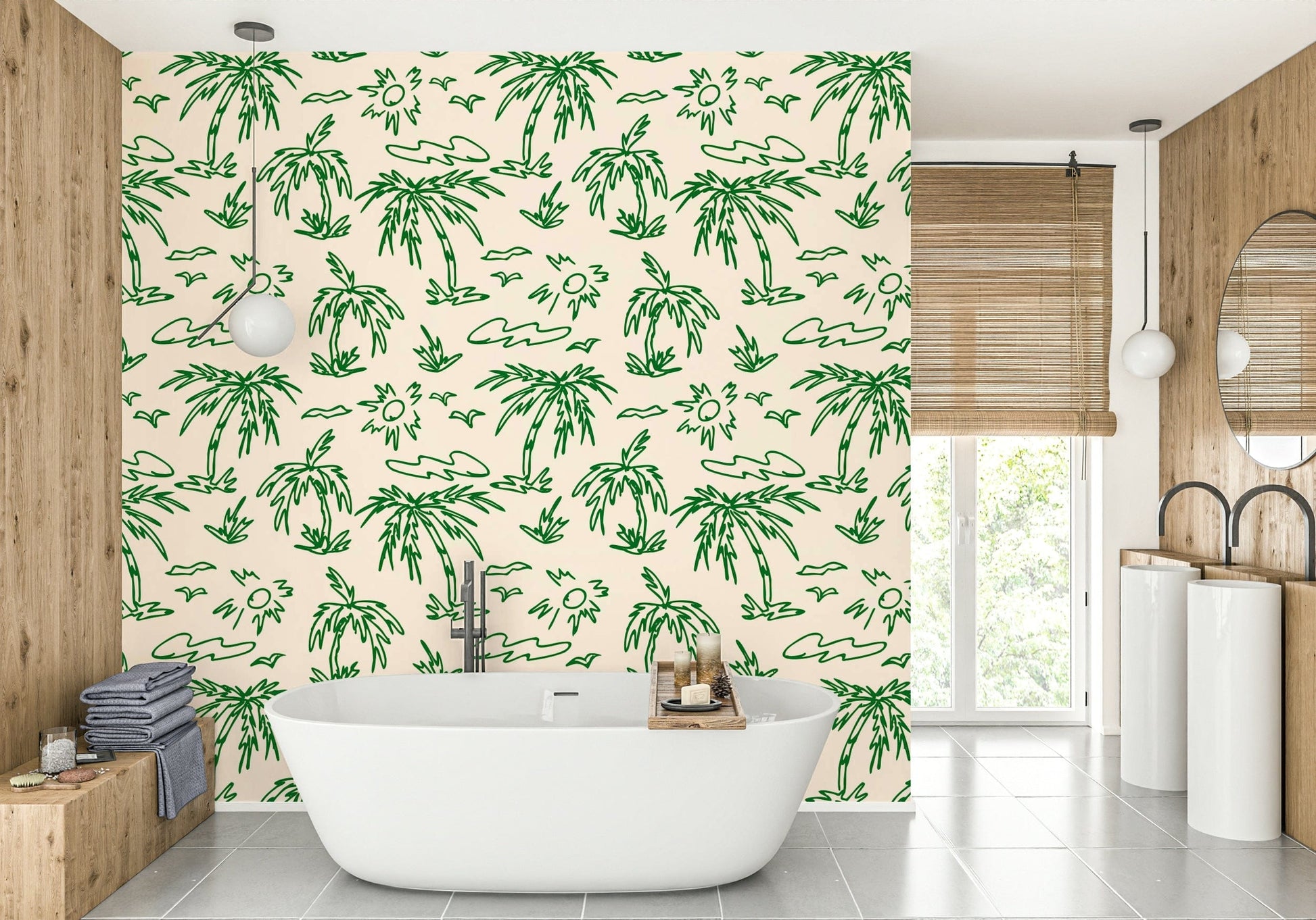 Whimsical hand-drawn tropical wallpaper for bathroom walls.
