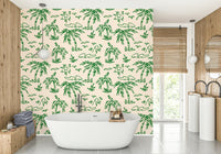 Whimsical hand-drawn tropical wallpaper for bathroom walls.
