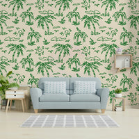 Cheerful tropical sketch wallpaper in olive and beige.

