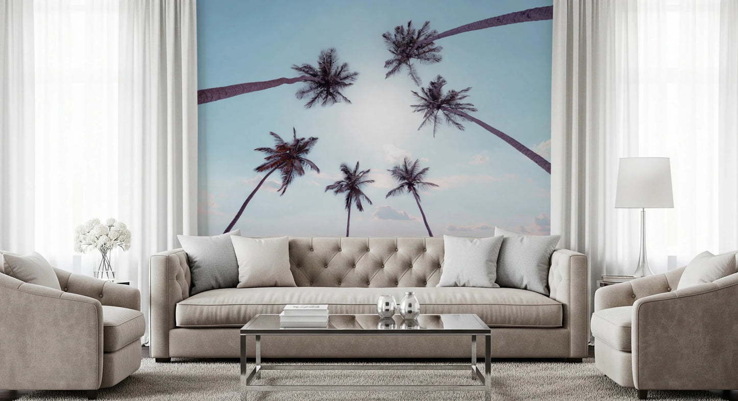 Soft pastel hues define for living room Tropical Palms Sky View Wall Mural pattern.