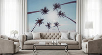 Soft pastel hues define for living room Tropical Palms Sky View Wall Mural pattern.