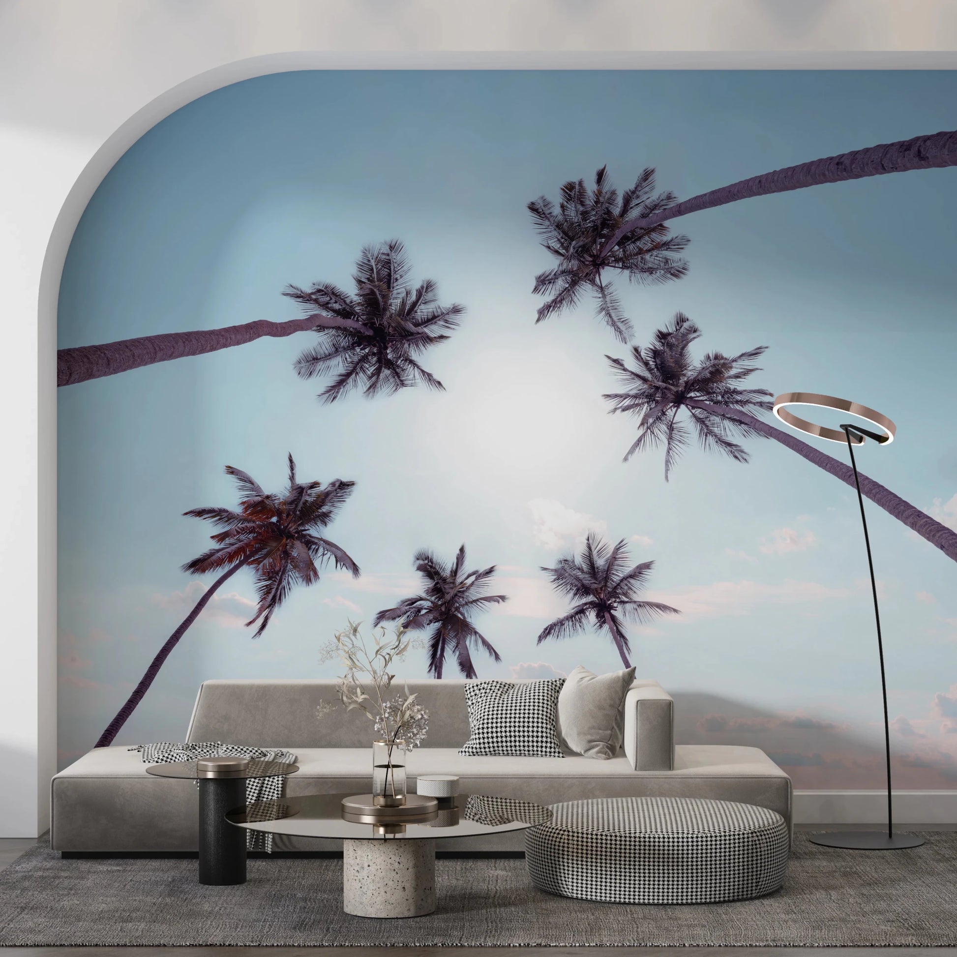 Nature photography style Tropical Palms Sky View Wall Mural with sun flare.
