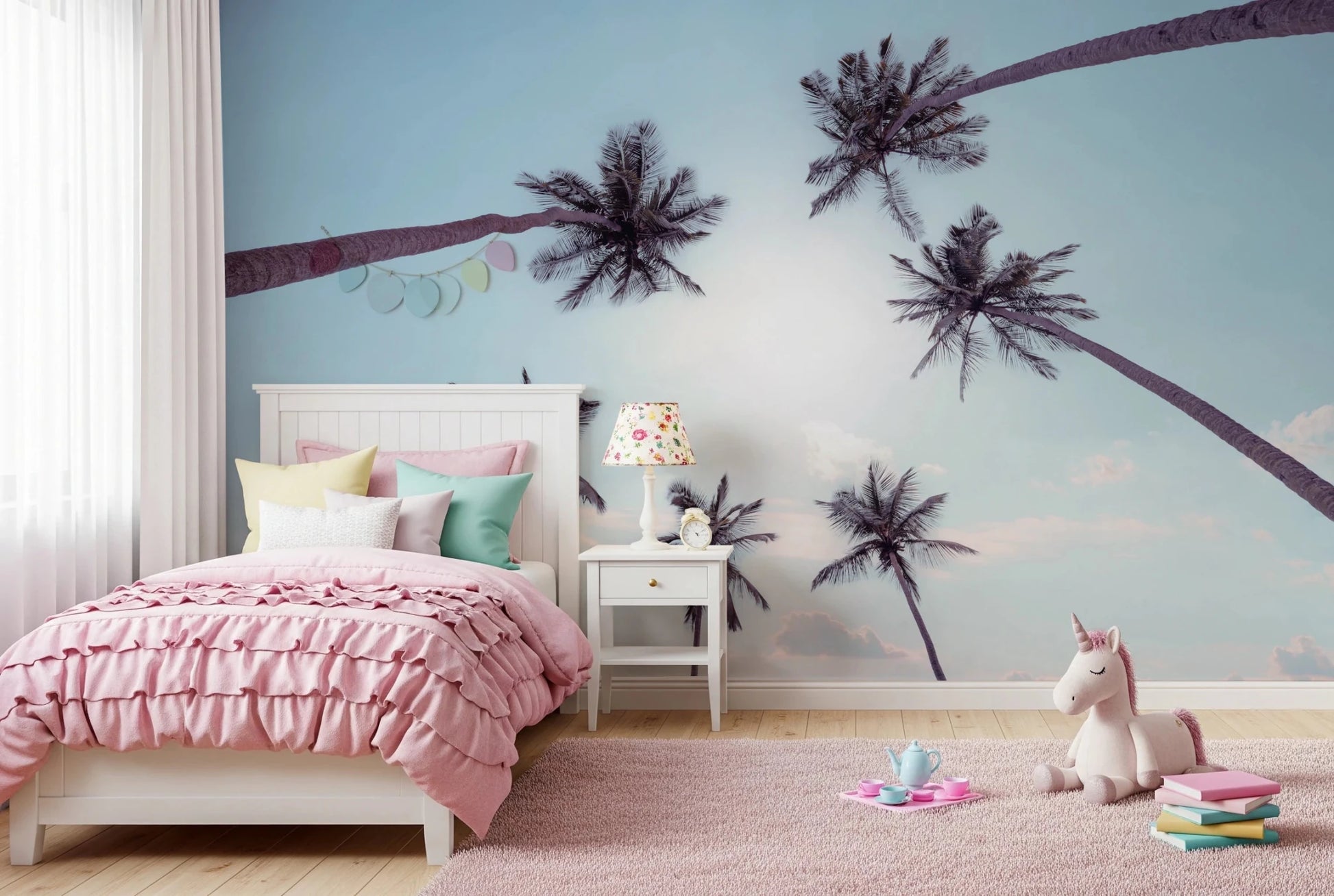 Wide angle Tropical Palms Sky View Wall Mural with light blue tones.