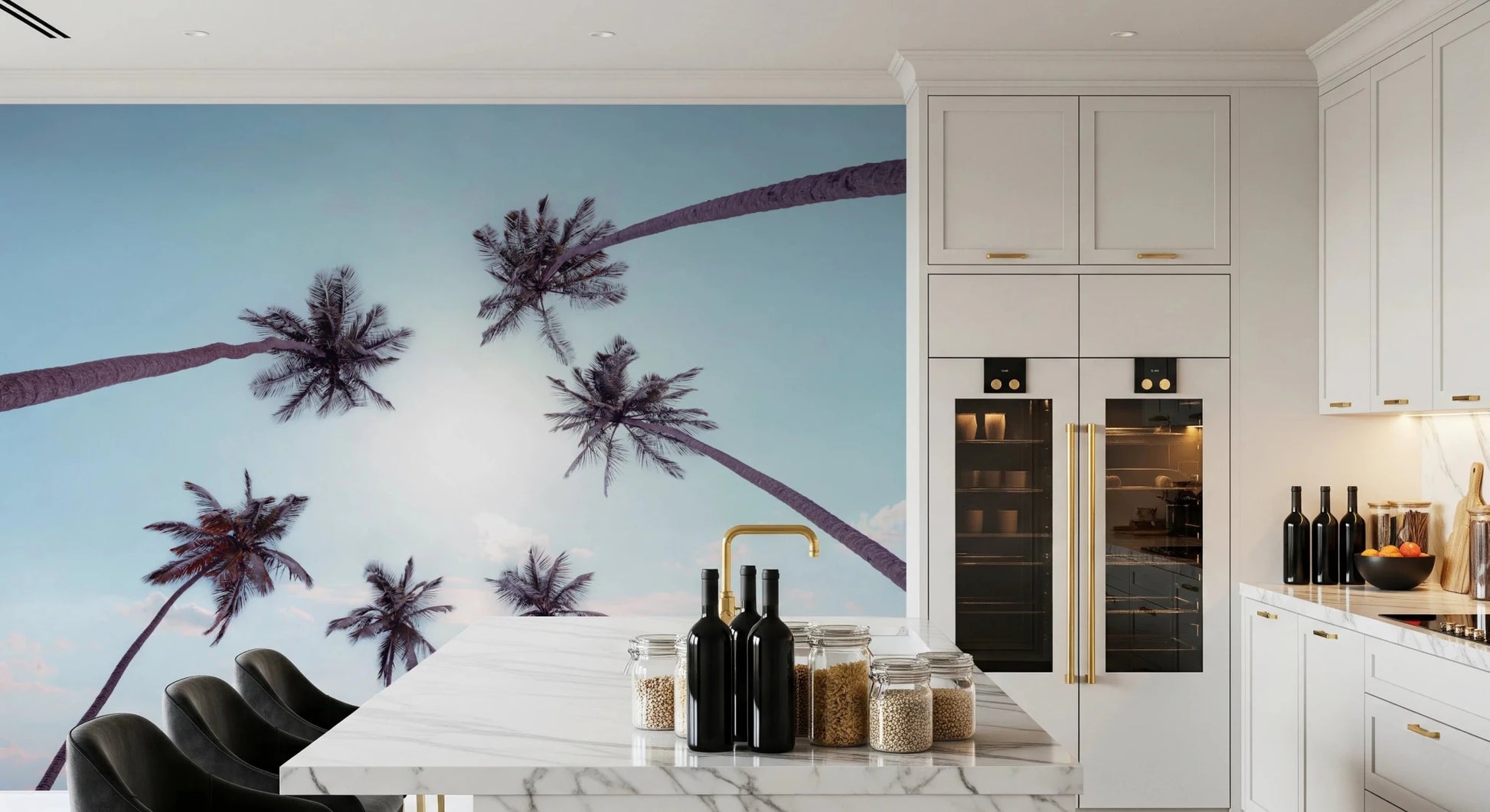 Artistic Tropical Palms Sky View Wall Mural featuring six palm silhouettes.