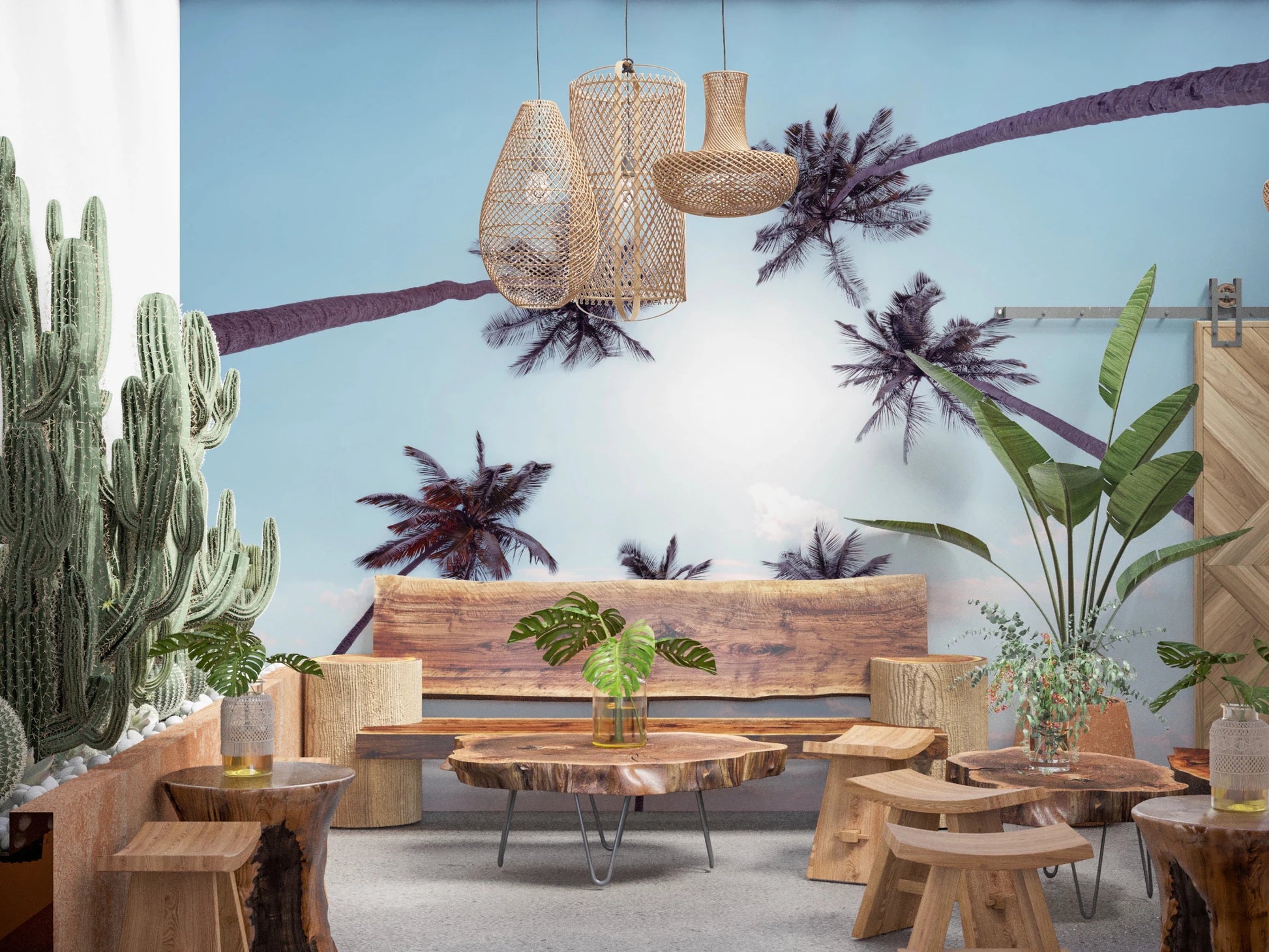 Looking up at the Tropical Palms Sky View Wall Mural lush canopy design.