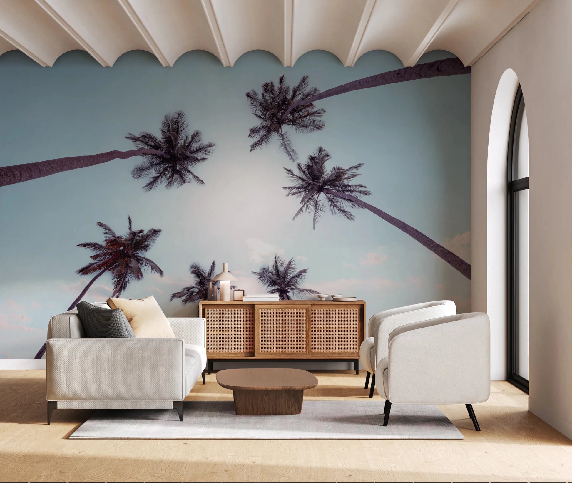 Clear blue sky backdrop for office area this Tropical Palms Sky View Wall Mural design.