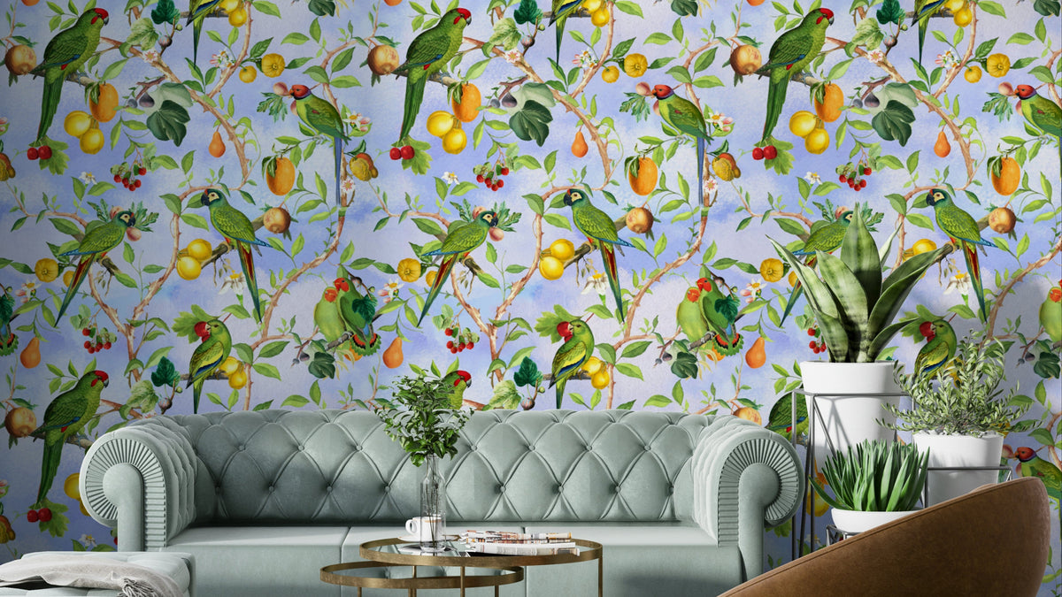 Colorful bird mural with lush tropical plants and jungle foliage.

