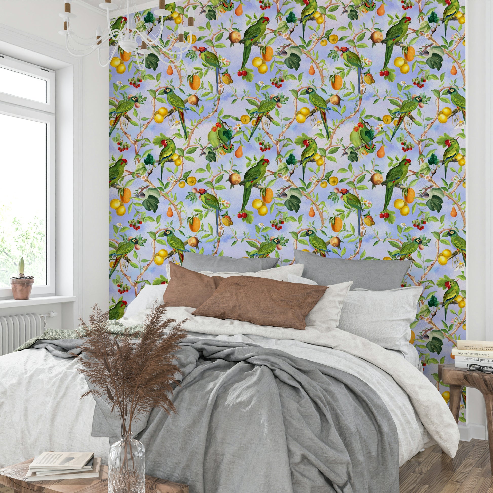 Paradise wallpaper featuring rainforest birds and floral accents.

