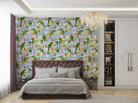 Wallpaper with detailed illustrations of birds in paradise setting.


